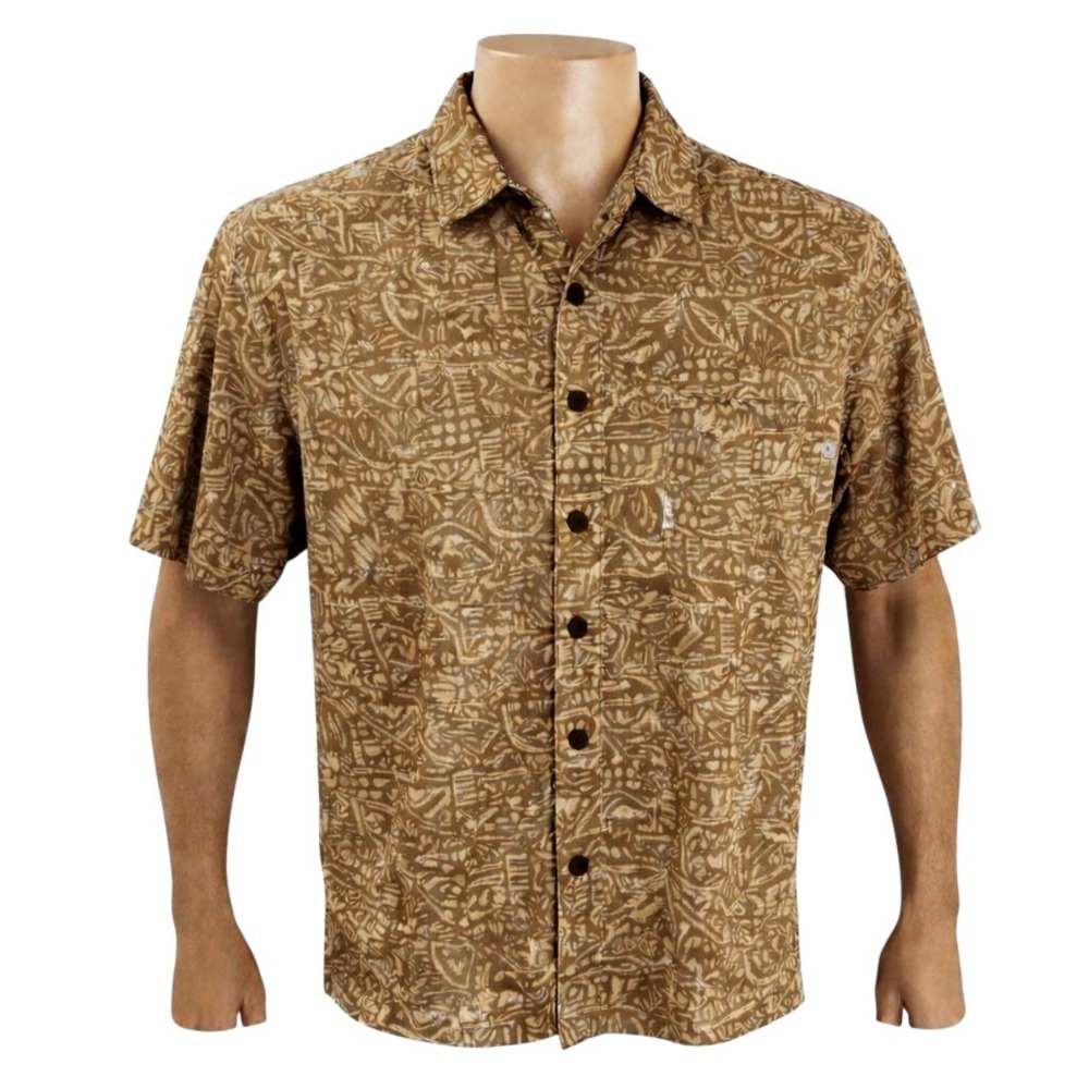 Exofficio Hawaiian Shirt Medium Tribal Symbols Brown White
